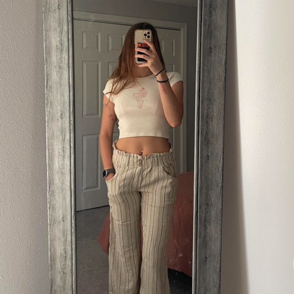 beige pinstripe beachy pants